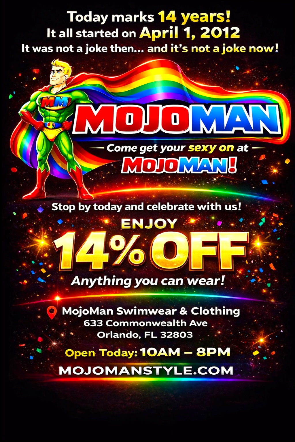 Flyer for 14% off Sale at MojoMan on April 1, 2026