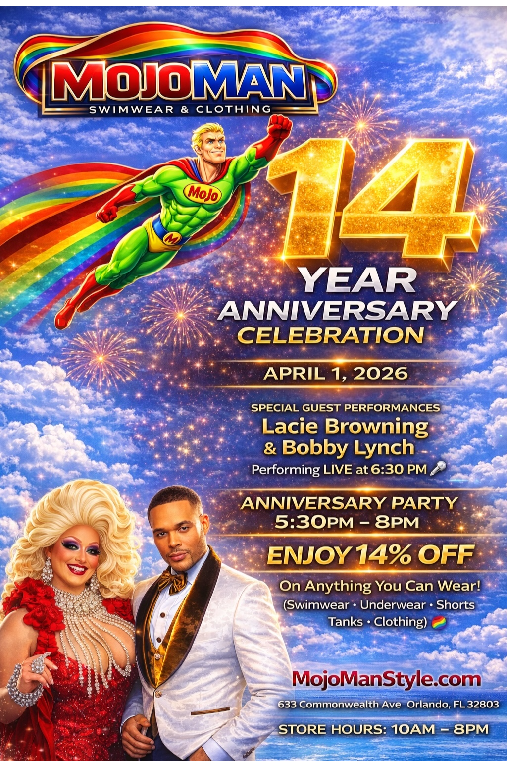 MojoMan 14 Year Anniversary Celebration flyer featuring live performances and 14% off